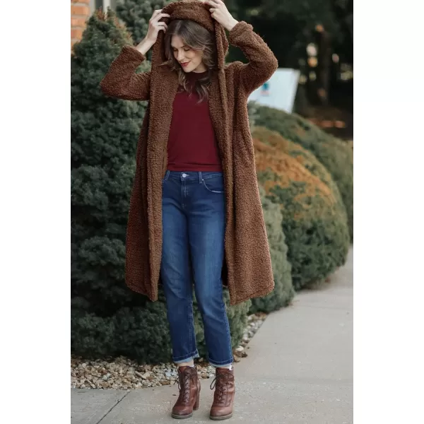 imagePRETTYGARDEN Womens Fashion Winter Coats Fuzzy Fleece Long Hooded Jackets Button Down Faux Fur Warm OuterwearRed Coffee