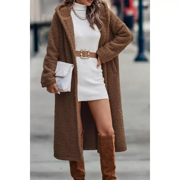 imagePRETTYGARDEN Womens Fashion Winter Coats Fuzzy Fleece Long Hooded Jackets Button Down Faux Fur Warm OuterwearRed Coffee