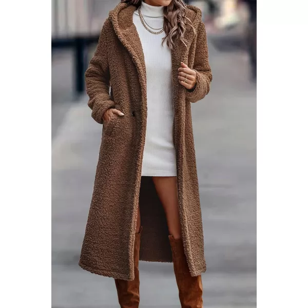 imagePRETTYGARDEN Womens Fashion Winter Coats Fuzzy Fleece Long Hooded Jackets Button Down Faux Fur Warm OuterwearRed Coffee
