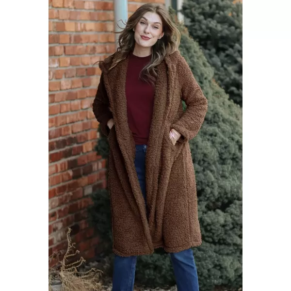imagePRETTYGARDEN Womens Fashion Winter Coats Fuzzy Fleece Long Hooded Jackets Button Down Faux Fur Warm OuterwearRed Coffee