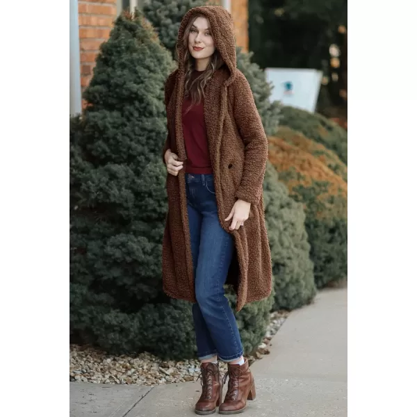 imagePRETTYGARDEN Womens Fashion Winter Coats Fuzzy Fleece Long Hooded Jackets Button Down Faux Fur Warm OuterwearRed Coffee