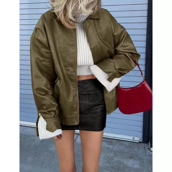 imagePRETTYGARDEN Womens Faux Leather Motorcycle Jacket Trendy Fall Clothes Oversized Zip Up Winter Coat OuterwearArmy Green