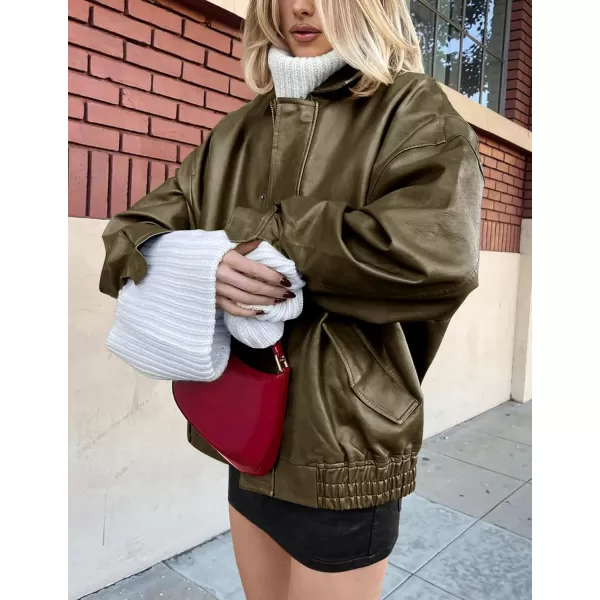 imagePRETTYGARDEN Womens Faux Leather Motorcycle Jacket Trendy Fall Clothes Oversized Zip Up Winter Coat OuterwearArmy Green