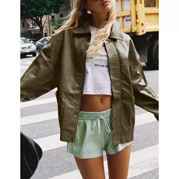 imagePRETTYGARDEN Womens Faux Leather Motorcycle Jacket Trendy Fall Clothes Oversized Zip Up Winter Coat OuterwearArmy Green