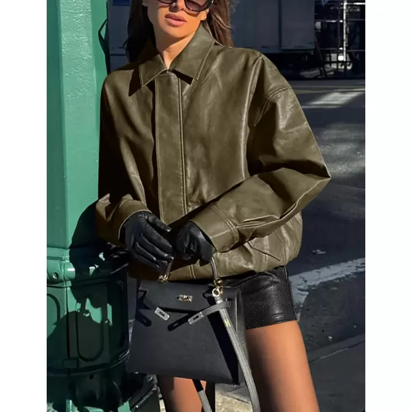 imagePRETTYGARDEN Womens Faux Leather Motorcycle Jacket Trendy Fall Clothes Oversized Zip Up Winter Coat OuterwearArmy Green