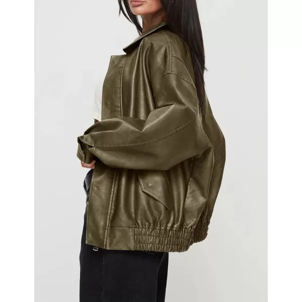 imagePRETTYGARDEN Womens Faux Leather Motorcycle Jacket Trendy Fall Clothes Oversized Zip Up Winter Coat OuterwearArmy Green