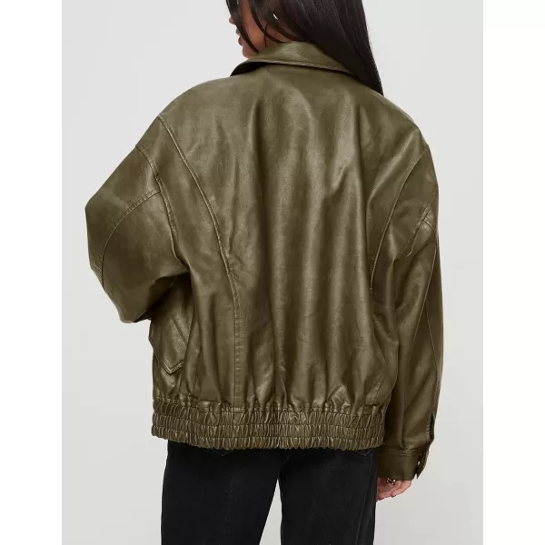 imagePRETTYGARDEN Womens Faux Leather Motorcycle Jacket Trendy Fall Clothes Oversized Zip Up Winter Coat OuterwearArmy Green