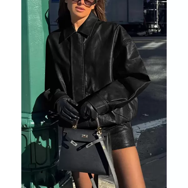 imagePRETTYGARDEN Womens Faux Leather Motorcycle Jacket Trendy Fall Clothes Oversized Zip Up Winter Coat OuterwearBlack