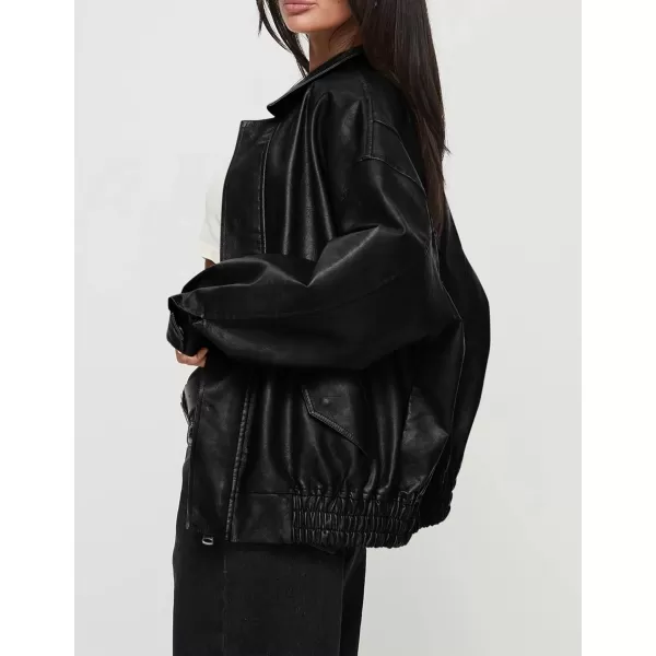 imagePRETTYGARDEN Womens Faux Leather Motorcycle Jacket Trendy Fall Clothes Oversized Zip Up Winter Coat OuterwearBlack