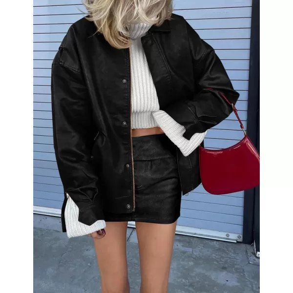 imagePRETTYGARDEN Womens Faux Leather Motorcycle Jacket Trendy Fall Clothes Oversized Zip Up Winter Coat OuterwearBlack