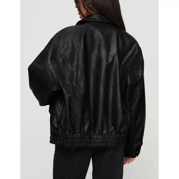 imagePRETTYGARDEN Womens Faux Leather Motorcycle Jacket Trendy Fall Clothes Oversized Zip Up Winter Coat OuterwearBlack