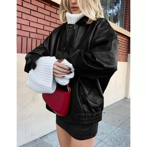 imagePRETTYGARDEN Womens Faux Leather Motorcycle Jacket Trendy Fall Clothes Oversized Zip Up Winter Coat OuterwearBlack