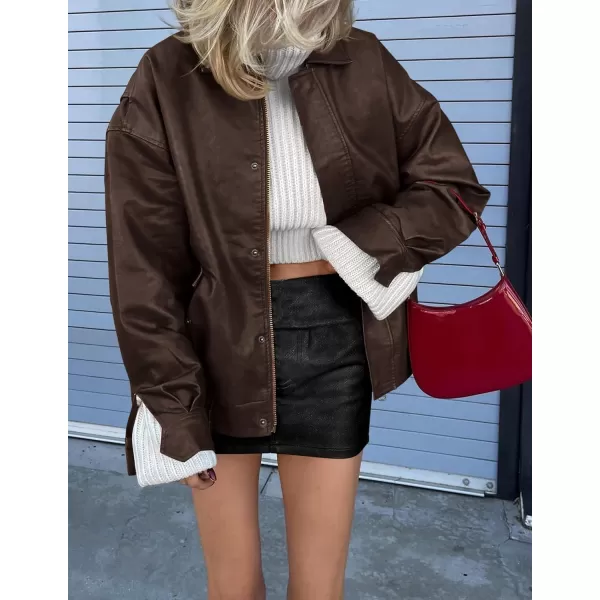 imagePRETTYGARDEN Womens Faux Leather Motorcycle Jacket Trendy Fall Clothes Oversized Zip Up Winter Coat OuterwearDark Coffee