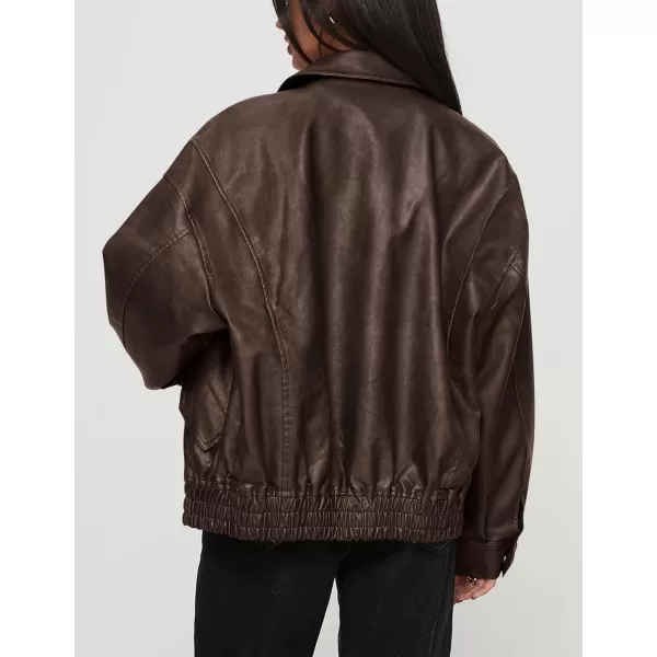 imagePRETTYGARDEN Womens Faux Leather Motorcycle Jacket Trendy Fall Clothes Oversized Zip Up Winter Coat OuterwearDark Coffee