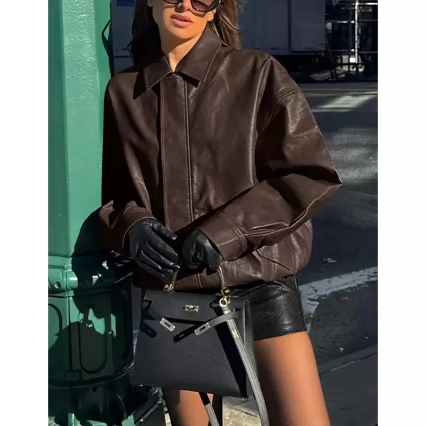 imagePRETTYGARDEN Womens Faux Leather Motorcycle Jacket Trendy Fall Clothes Oversized Zip Up Winter Coat OuterwearDark Coffee