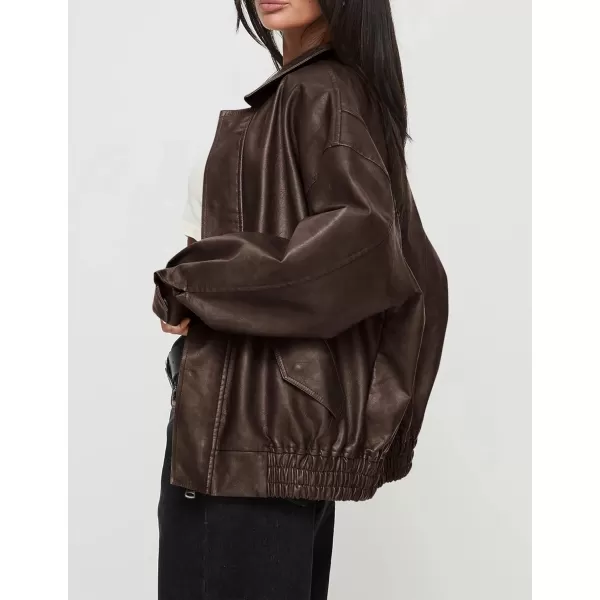 imagePRETTYGARDEN Womens Faux Leather Motorcycle Jacket Trendy Fall Clothes Oversized Zip Up Winter Coat OuterwearDark Coffee