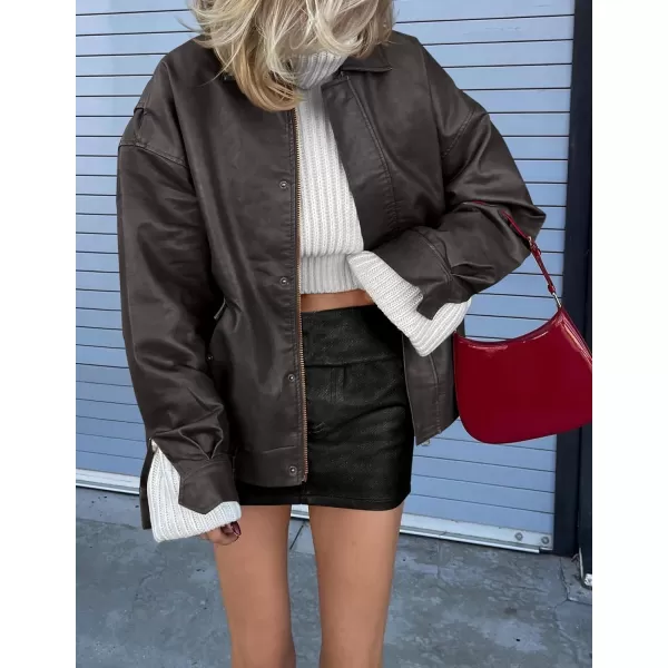 imagePRETTYGARDEN Womens Faux Leather Motorcycle Jacket Trendy Fall Clothes Oversized Zip Up Winter Coat OuterwearGrey