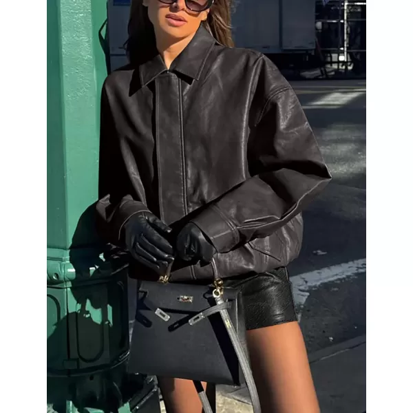 imagePRETTYGARDEN Womens Faux Leather Motorcycle Jacket Trendy Fall Clothes Oversized Zip Up Winter Coat OuterwearGrey