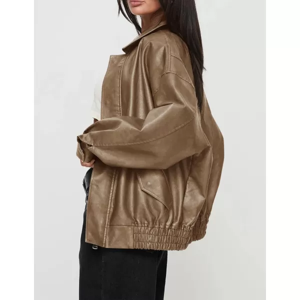 imagePRETTYGARDEN Womens Faux Leather Motorcycle Jacket Trendy Fall Clothes Oversized Zip Up Winter Coat OuterwearKhaki