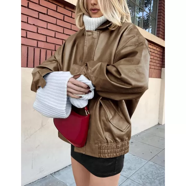 imagePRETTYGARDEN Womens Faux Leather Motorcycle Jacket Trendy Fall Clothes Oversized Zip Up Winter Coat OuterwearKhaki