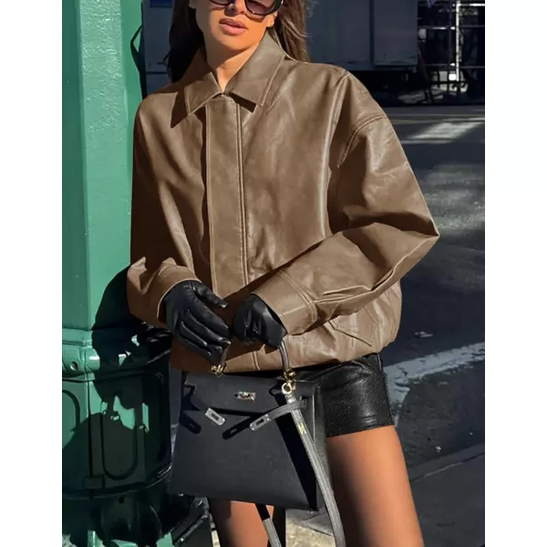 imagePRETTYGARDEN Womens Faux Leather Motorcycle Jacket Trendy Fall Clothes Oversized Zip Up Winter Coat OuterwearKhaki