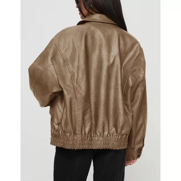 imagePRETTYGARDEN Womens Faux Leather Motorcycle Jacket Trendy Fall Clothes Oversized Zip Up Winter Coat OuterwearKhaki