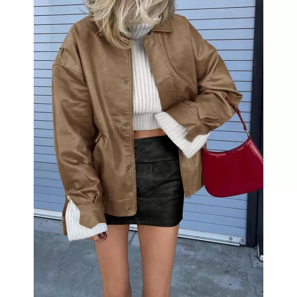 imagePRETTYGARDEN Womens Faux Leather Motorcycle Jacket Trendy Fall Clothes Oversized Zip Up Winter Coat OuterwearKhaki