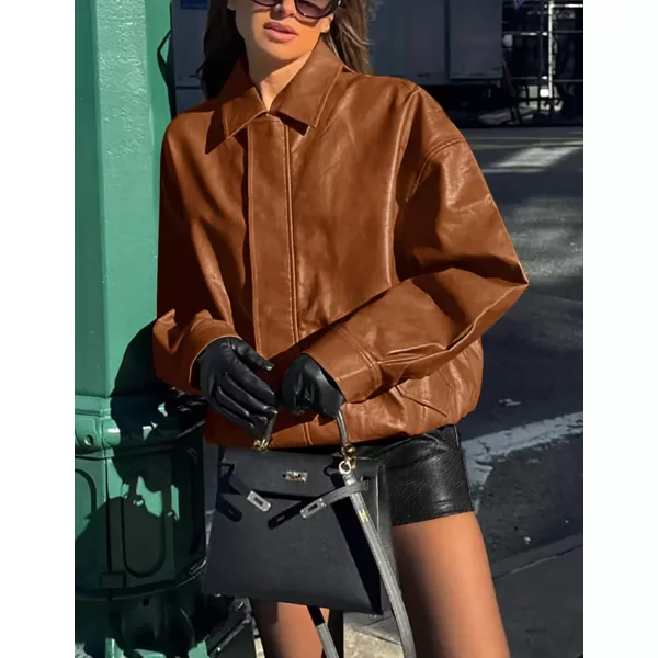 imagePRETTYGARDEN Womens Faux Leather Motorcycle Jacket Trendy Fall Clothes Oversized Zip Up Winter Coat OuterwearRed Brown