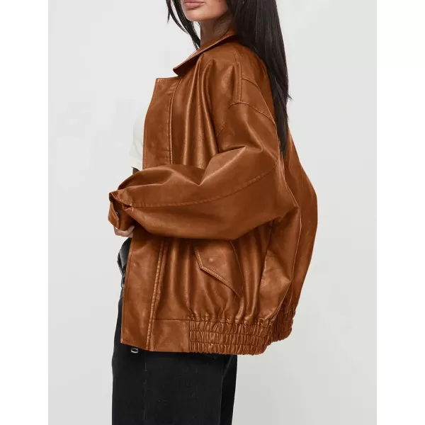 imagePRETTYGARDEN Womens Faux Leather Motorcycle Jacket Trendy Fall Clothes Oversized Zip Up Winter Coat OuterwearRed Brown