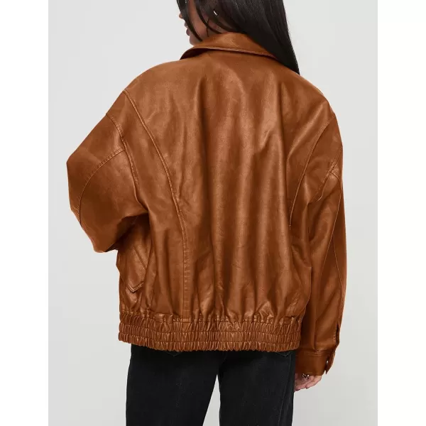 imagePRETTYGARDEN Womens Faux Leather Motorcycle Jacket Trendy Fall Clothes Oversized Zip Up Winter Coat OuterwearRed Brown