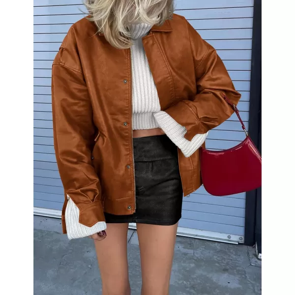 imagePRETTYGARDEN Womens Faux Leather Motorcycle Jacket Trendy Fall Clothes Oversized Zip Up Winter Coat OuterwearRed Brown