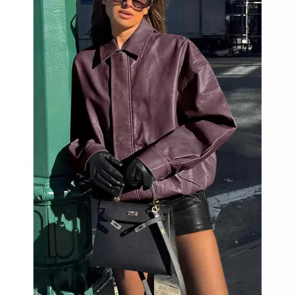 imagePRETTYGARDEN Womens Faux Leather Motorcycle Jacket Trendy Fall Clothes Oversized Zip Up Winter Coat OuterwearTaro Purple