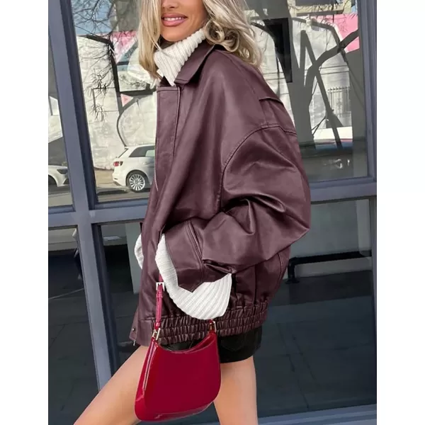 imagePRETTYGARDEN Womens Faux Leather Motorcycle Jacket Trendy Fall Clothes Oversized Zip Up Winter Coat OuterwearTaro Purple