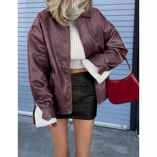 imagePRETTYGARDEN Womens Faux Leather Motorcycle Jacket Trendy Fall Clothes Oversized Zip Up Winter Coat OuterwearTaro Purple