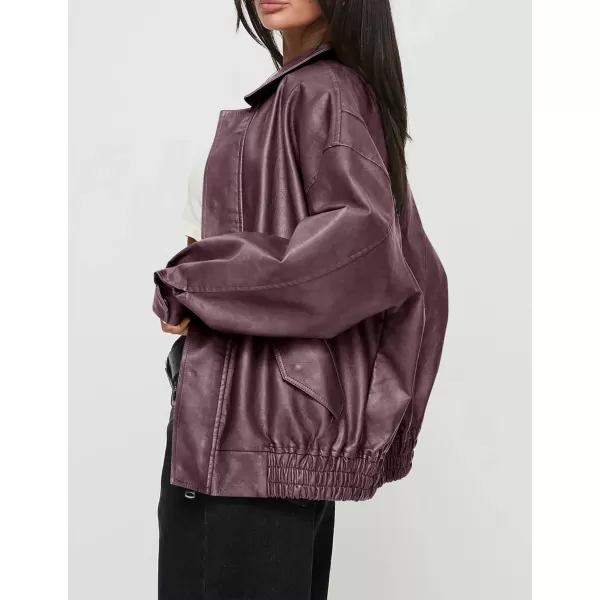 imagePRETTYGARDEN Womens Faux Leather Motorcycle Jacket Trendy Fall Clothes Oversized Zip Up Winter Coat OuterwearTaro Purple
