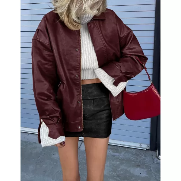 imagePRETTYGARDEN Womens Faux Leather Motorcycle Jacket Trendy Fall Clothes Oversized Zip Up Winter Coat OuterwearWine Red