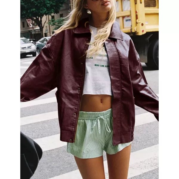 imagePRETTYGARDEN Womens Faux Leather Motorcycle Jacket Trendy Fall Clothes Oversized Zip Up Winter Coat OuterwearWine Red