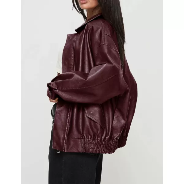 imagePRETTYGARDEN Womens Faux Leather Motorcycle Jacket Trendy Fall Clothes Oversized Zip Up Winter Coat OuterwearWine Red