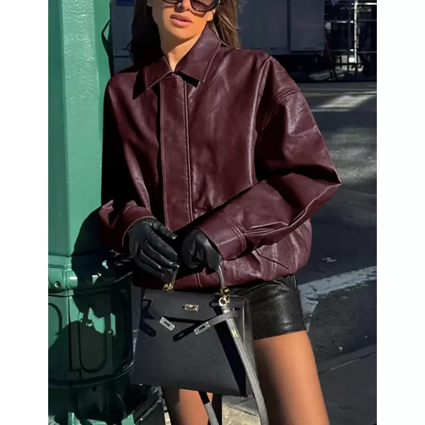 imagePRETTYGARDEN Womens Faux Leather Motorcycle Jacket Trendy Fall Clothes Oversized Zip Up Winter Coat OuterwearWine Red