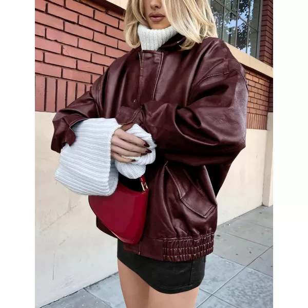 imagePRETTYGARDEN Womens Faux Leather Motorcycle Jacket Trendy Fall Clothes Oversized Zip Up Winter Coat OuterwearWine Red