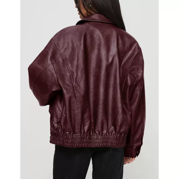 imagePRETTYGARDEN Womens Faux Leather Motorcycle Jacket Trendy Fall Clothes Oversized Zip Up Winter Coat OuterwearWine Red