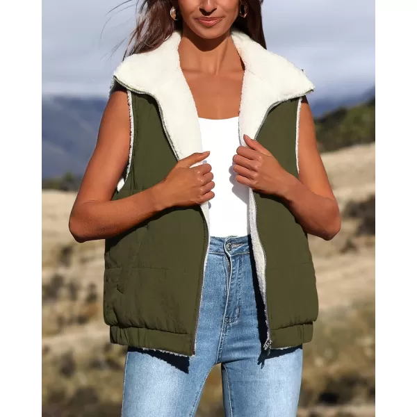 imagePRETTYGARDEN Womens Fleece Vest Jacket 2024 Fall Sleeveless Sherpa Puffer Outfits Zip Up Winter Coat OuterwearArmy Green