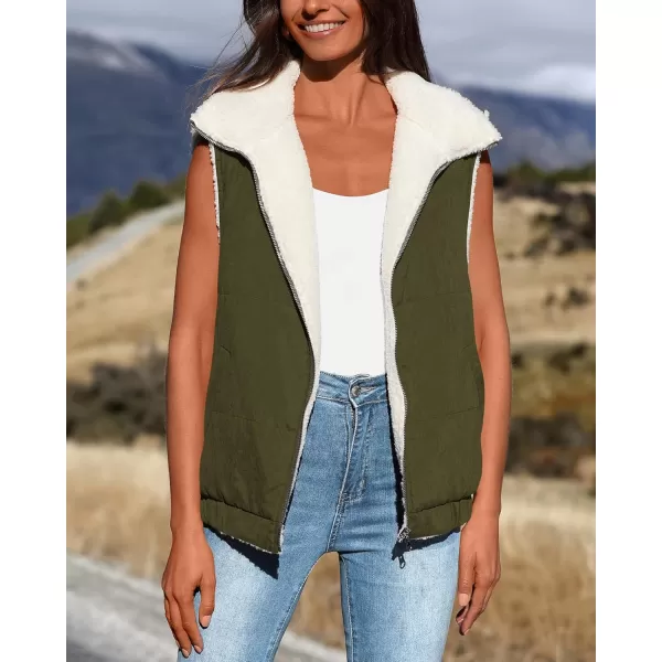 imagePRETTYGARDEN Womens Fleece Vest Jacket 2024 Fall Sleeveless Sherpa Puffer Outfits Zip Up Winter Coat OuterwearArmy Green
