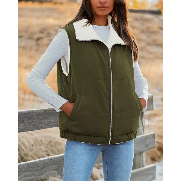 imagePRETTYGARDEN Womens Fleece Vest Jacket 2024 Fall Sleeveless Sherpa Puffer Outfits Zip Up Winter Coat OuterwearArmy Green