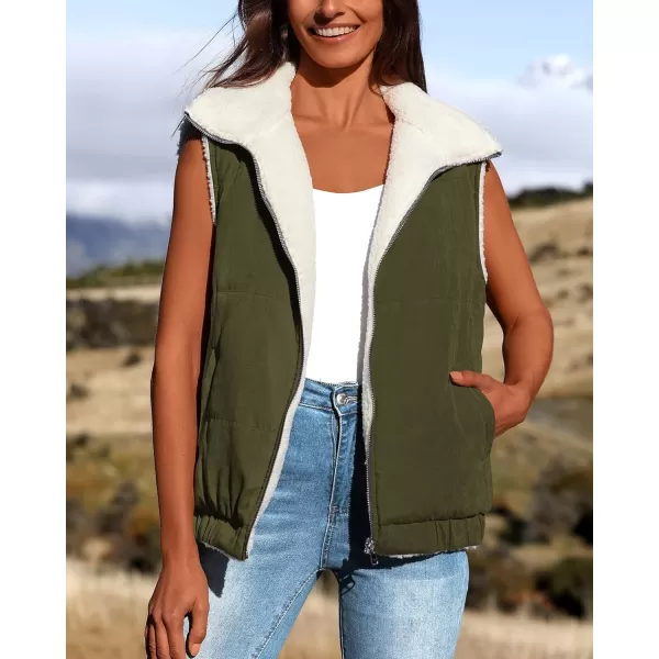 imagePRETTYGARDEN Womens Fleece Vest Jacket 2024 Fall Sleeveless Sherpa Puffer Outfits Zip Up Winter Coat OuterwearArmy Green