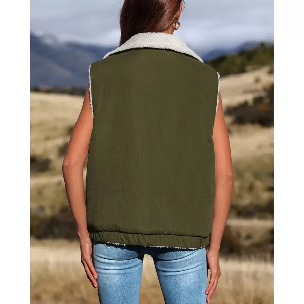 imagePRETTYGARDEN Womens Fleece Vest Jacket 2024 Fall Sleeveless Sherpa Puffer Outfits Zip Up Winter Coat OuterwearArmy Green