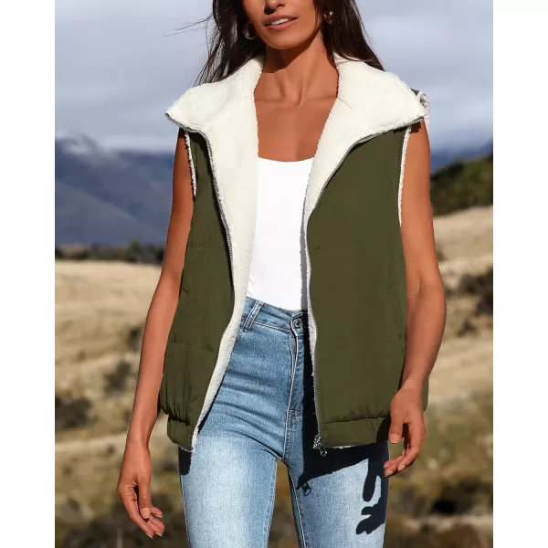 imagePRETTYGARDEN Womens Fleece Vest Jacket 2024 Fall Sleeveless Sherpa Puffer Outfits Zip Up Winter Coat OuterwearArmy Green