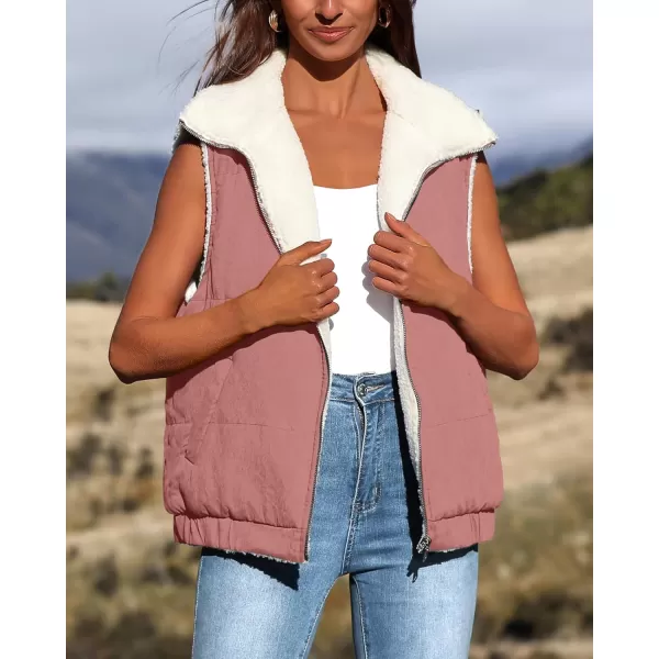 imagePRETTYGARDEN Womens Fleece Vest Jacket 2024 Fall Sleeveless Sherpa Puffer Outfits Zip Up Winter Coat OuterwearBean Paste Pink