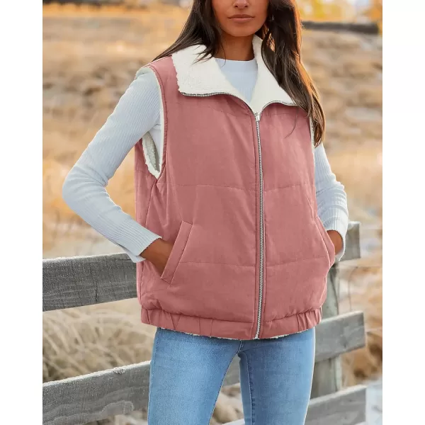 imagePRETTYGARDEN Womens Fleece Vest Jacket 2024 Fall Sleeveless Sherpa Puffer Outfits Zip Up Winter Coat OuterwearBean Paste Pink