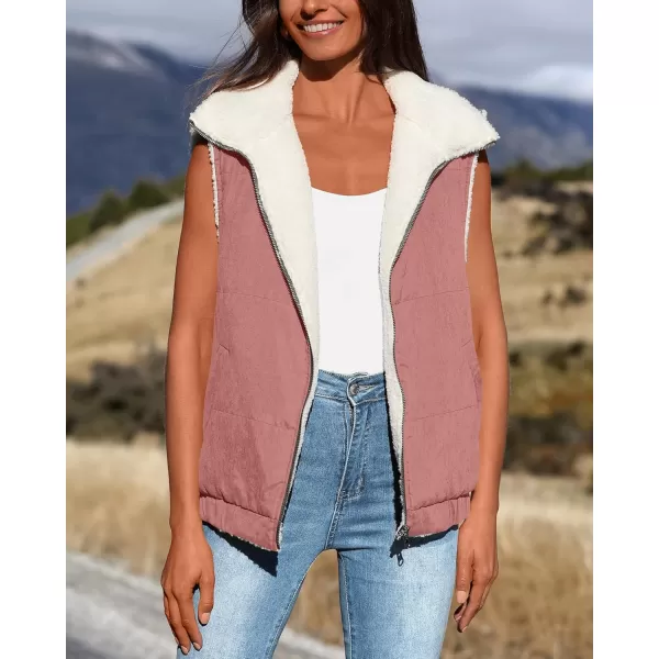 imagePRETTYGARDEN Womens Fleece Vest Jacket 2024 Fall Sleeveless Sherpa Puffer Outfits Zip Up Winter Coat OuterwearBean Paste Pink